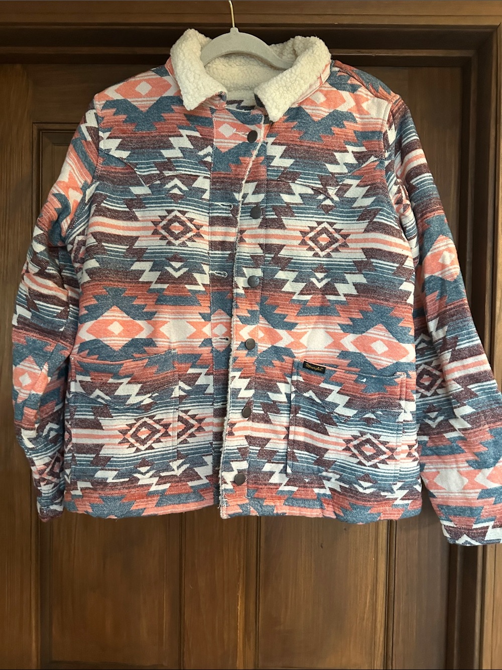Wrangler Aztec Sherpa Collar Jacket in Coral, Blue & White